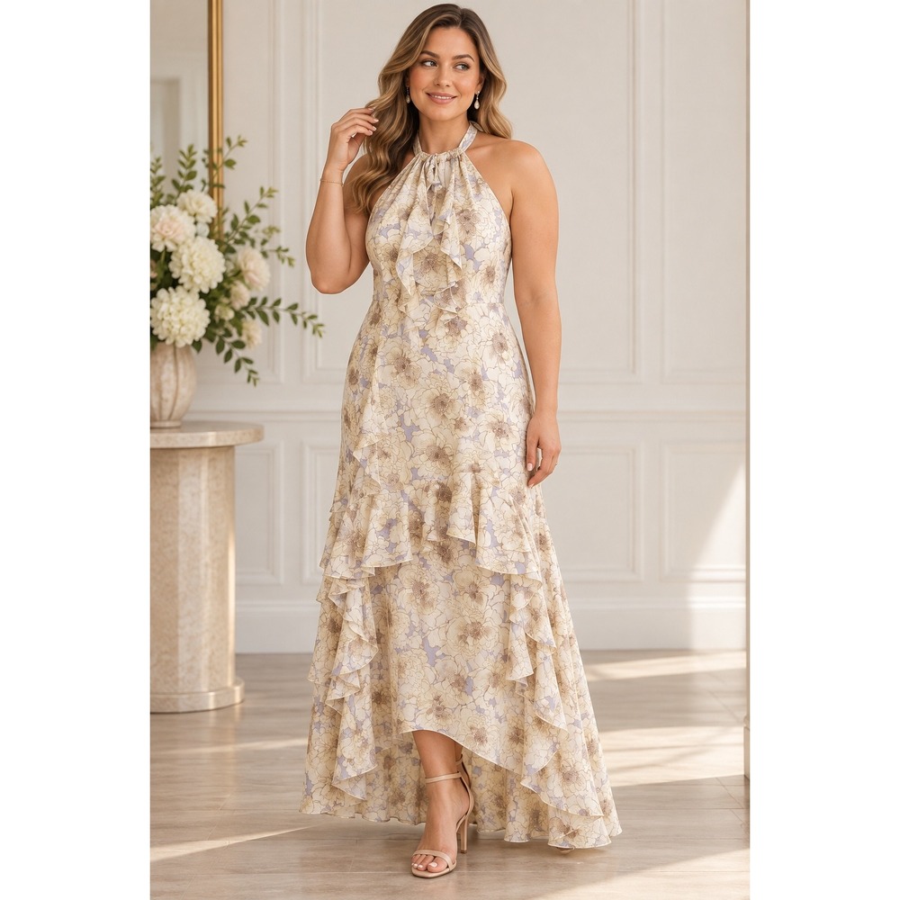Belle Badgley Mischka Naty Halter Floral Ruffle High Low Dress Boho Old Money 12
